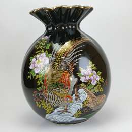 Vintage Japanese Porcelain Vase Hand-Painted Birds Flowers Fluted Gold Rim 1950s