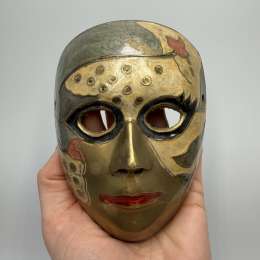 Vintage Venetian Bronze Enamel Mask Wall Decor | Hand Painted Masquerade Mask