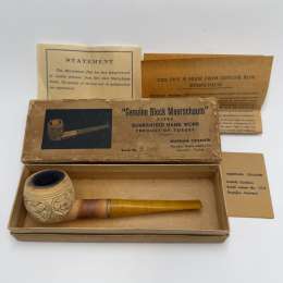 Vintage Turkish Meerschaum Pipe Grape Motif Amber Stem Original Box Early 1900s