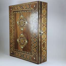 Vintage Large Syrian Damascene Wooden Inlaid Box Handcrafted Marquetry Velvet