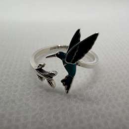 925 Sterling Silver Hummingbird Ring Adjustable Blue Enamel Bird Ring