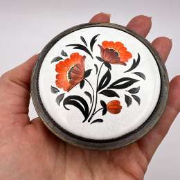 Vintage Vanity Face Puff Powder Box Case Porcelain Enamel Filigree Silver Plated