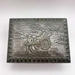Vintage Jewelry Trinket Box Pewter Wood Etched Collectible Marked Japan