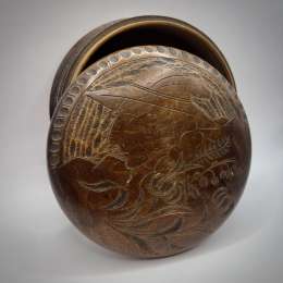 1934 Vintage Hand Carved Wood Trinket Jewelry Round Box Signed