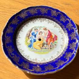 VINTAGE CZECH HANDMADE FINE PORCELAIN DECORATIVE PLATE BLUE & GOLD COBALT