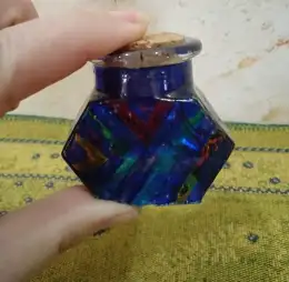 Glass Mini Vintage Bottle Empty Blue Israel Miniature Wood Cover Primitive Cute