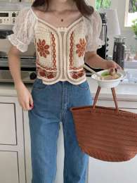 Embroidery Floral Lace Blouse Puff Sleeve Sweetheart Neck Smocked Back Crop