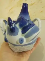 Vintage Hand Porcelain Hen Fruit Vegetable Basket Bottle Blue White Decor Signed