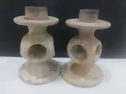 Pair Vintage Use Candlestick Candle Holder Stone Carved Handmade Decor Primitive