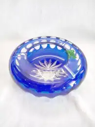 Vintage USSR Ashtray Holder Cigarette Color Glass Blue Engraved Handmade Collect