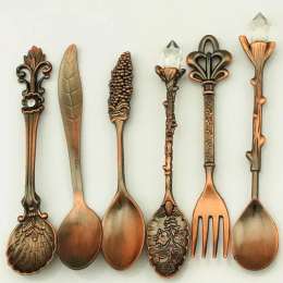 6pcs Bronze Carved Eco-Friendly Small Tea Coffee Spoons and Forks - Mixing Scoop