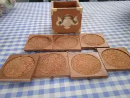 Primitive Vintage Set 7 Plate Saucer Tea Wood Wooden Tree Handmade Decor Table