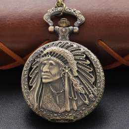 Antique Indian Tribe Chieftain Sculpture Quartz Pocket Watch - Vintage Bronze