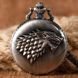Vintage Engraved Wolf Design Quartz Pocket Watch - Arabic Numerals, Necklace