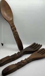Vintage Wood salad serving 2 forks & spoon tiki style East African Hand Carved