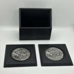 Set of 2 Vintage Wood & Metal Inlay Elephant Decor Coasters Black with box