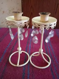 Pair Holder Candle Vintage Iron Enamel Stick Candlestick Bead Metal Primitive