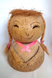 Vintage Coconut Girl Face With Gorgeous Handmade Hair Weight 287 gr , 19 cm high