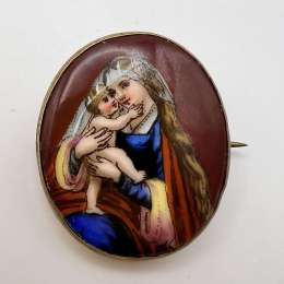 Vintage Women's Jewelry Christian Pin Brooch Gilt Brass Porcelain Virgin Mary