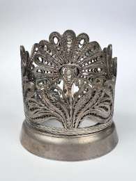 Vintage Soviet USSR Glass Cup Holder Filigree Silver Plated Peacock Tail Signed