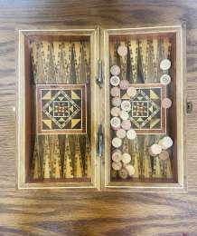 Antique Backgammon Dice Pieces wooden Game Handmade Beautiful Clamshell