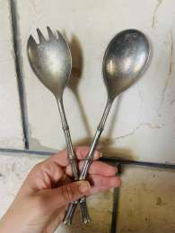 1 Vintage Serving Spoon And Fork  EP Zinc Silver Plated  Made In Italy