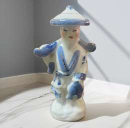 Vintage Porcelain Figure Statue  Chinese Man with Fish China 1950 Old collectib