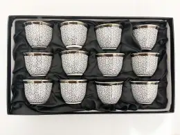 Set of 12 Porcelain white and black Moroccan Oriental design Coffee Cups