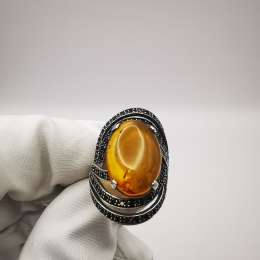 New Ring Silver 925, Zirconium,Natural Baltic Honey Amber Filigree Singed 6g