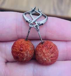 Old Antique 925 Silver Earrings, 100% Natural Spongy Coral, Height 3 cm
