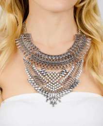 Bohemian Bib Multi Tiered Silver Chain & Rhinestone Necklace 16”