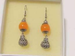 Silver Long Orange Earrings Plated Amber Bead Dangle Earrings Women Jewelry