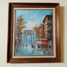 Vintage Original Oil Painting On Canvas Wood Frame Buildings People signed Cute