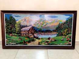 Large Antique Fine Needlepoint Art European Vintage with Frame Wood 45*23