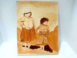 Vintage Hand Painting on Canvas Mother Holding Her Son's Hand size 17.7*13.7