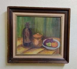 Original Vintage Oil On Canvas Panel Painting Fruit Bowl double Wood Frame Nice