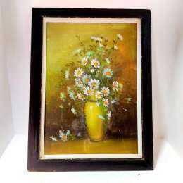 Oil Painting on Canvas Vintage Still Life Vase Flowers Antique Plate Wood Frame