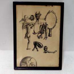 Hand Painting Pencil Vintage on Paper With Frame Wood Art Signed Size 36*26 cm