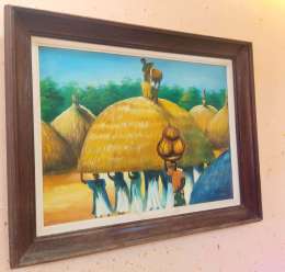 African ART Oil Painting Canvas People's Work Village Signed Frame Wood 54*70 cm