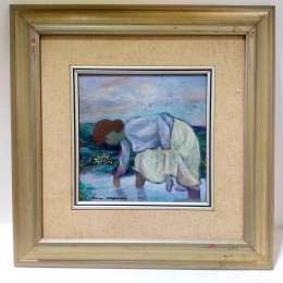 Antique Oil Painting Wood Abstract Working Woman Figure River Primitive Painted