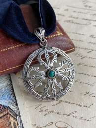 Vintage Sterling Silver 925 Womens Jewelry Necklace Pendant Vajra Turquoise 7.4g