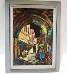 Vintage Hand-painted on Canvas Jerusalem 1963 the Market by Israeli Artists Cute