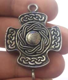 ANTIQUE Celtic Catholic Pagan Monk Tinplate Necklace with Thick Cross and Double