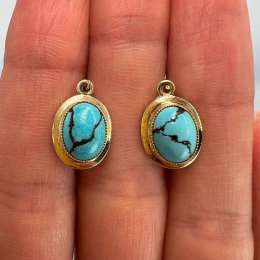 Vintage Women's Jewelry Stud Earrings Natural Blue Turquoise Rose Gold 585 14K