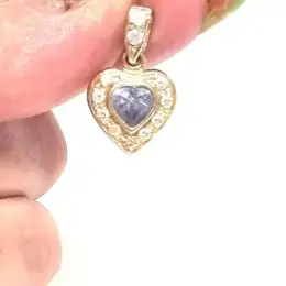 Vintag 14k Real Gold Blue Topaz & Zircons Heart Charm Birthston Women's Pendant