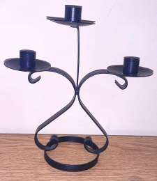 Antique Black Wrought Iron Candle Holder With Round Base And Holds 3 Candles