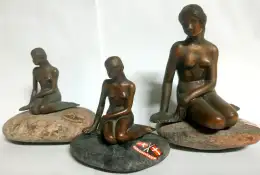 Vintage Bronze Art Decor Statue Girl Style Copenhagen Naked Damsel Set of 3 pcs