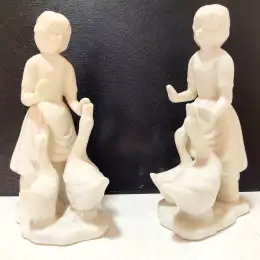 White Ceramic Figurines Lot 2 Girls With Swan Vintage Decorative Pair Statue 7