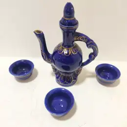 Vintage Russian Blue Ceramic Small Jug W 3 Cups Pitcher with Gold Floral Cute 7