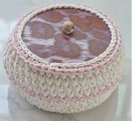 Handwoven Kilim Multipurpose Crochet Basket with Wooden Lid in White and Pink
